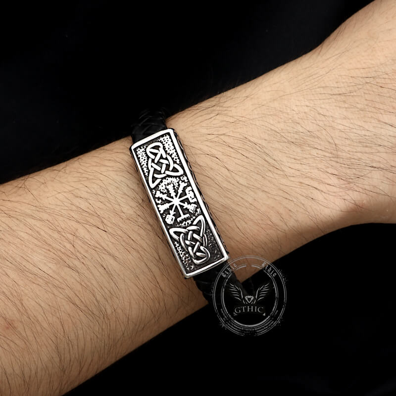 Vintage Viking Rune Stainless Steel Leather Bracelet | Gthic.com