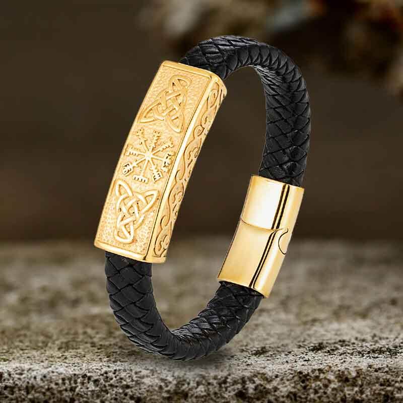 Vintage Viking Rune Stainless Steel Leather Bracelet 03 | Gthic.com