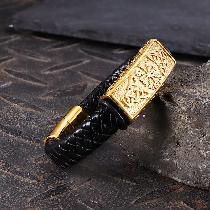 Vintage Viking Rune Stainless Steel Leather Bracelet | Gthic.com
