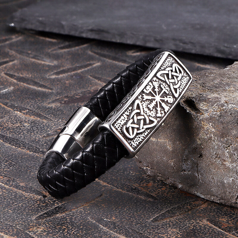 Vintage Viking Rune Stainless Steel Leather Bracelet | Gthic.com