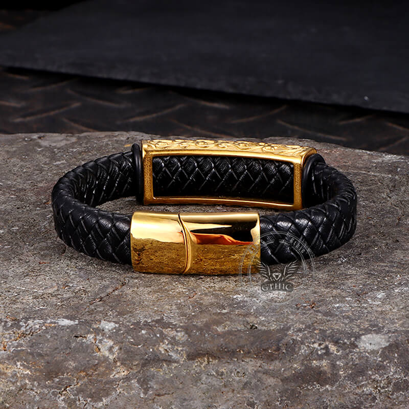 Vintage Viking Rune Stainless Steel Leather Bracelet