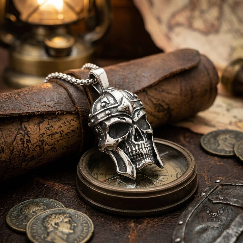 Vintage Viking Warrior Helmet Stainless Steel Skull Pendant