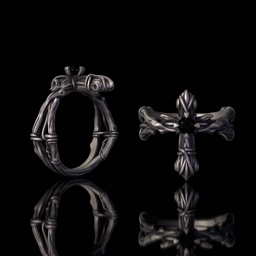 Vintage Vine Cross Zircon Inlay Sterling Silver Ring | Gthic.com