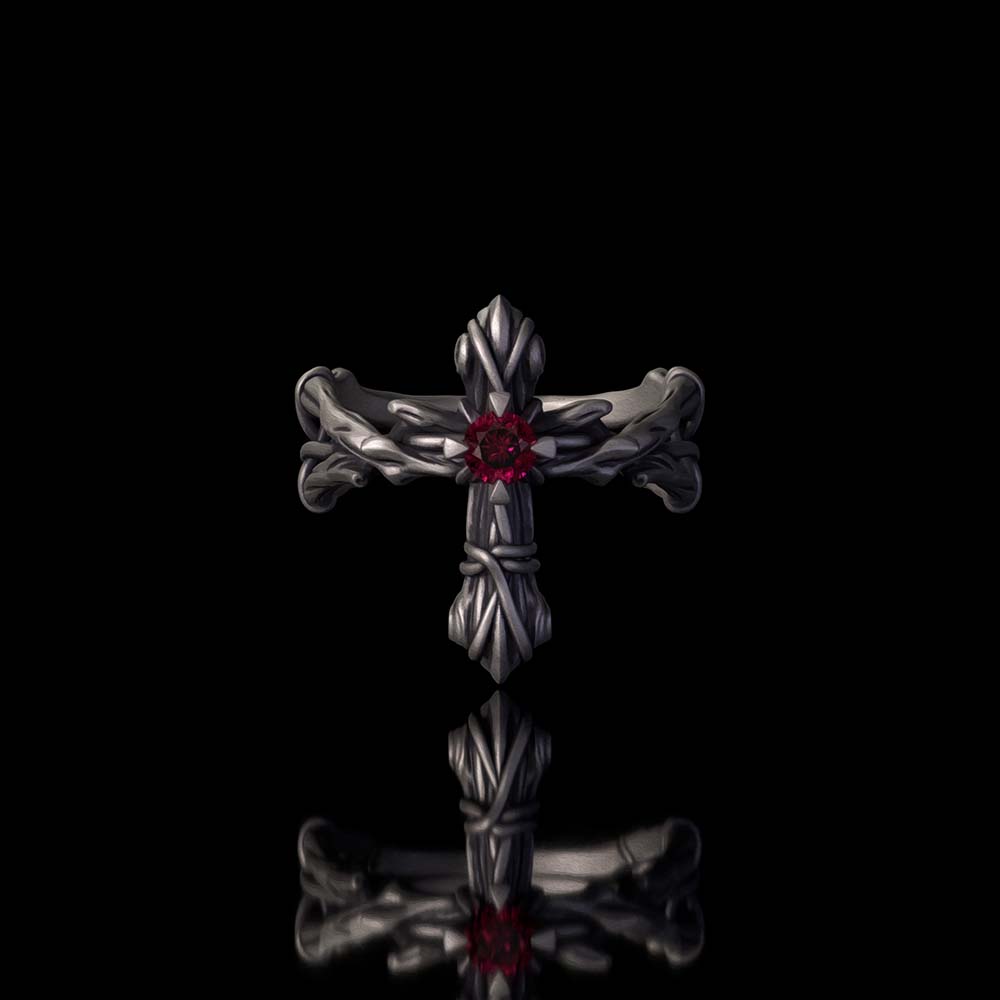 Vintage Vine Cross Zircon Inlay Sterling Silver Ring | Gthic.com