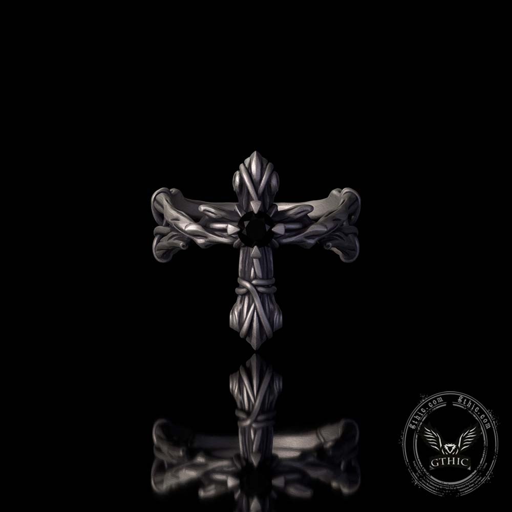 Vintage Vine Cross Zircon Inlay Sterling Silver Ring