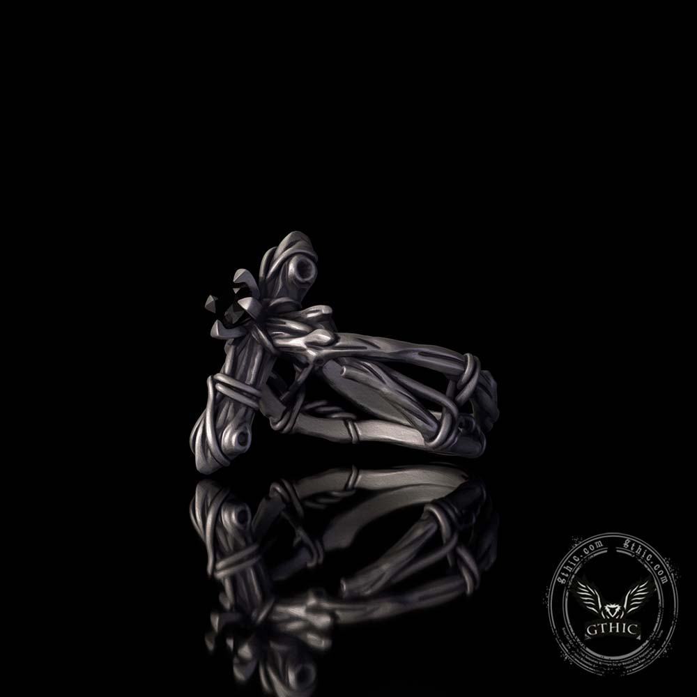 Vintage Vine Cross Zircon Inlay Sterling Silver Ring