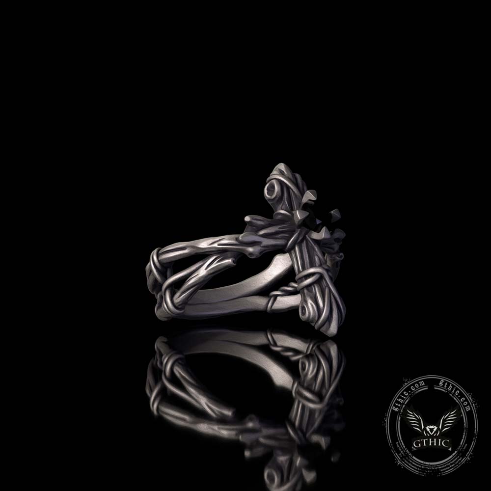 Vintage Vine Cross Zircon Inlay Sterling Silver Ring