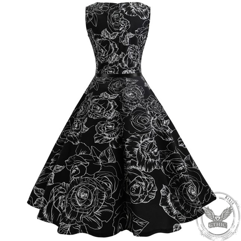 Vintage Waisted Sleeveless Belt Rose Print Dress | Gthic.com