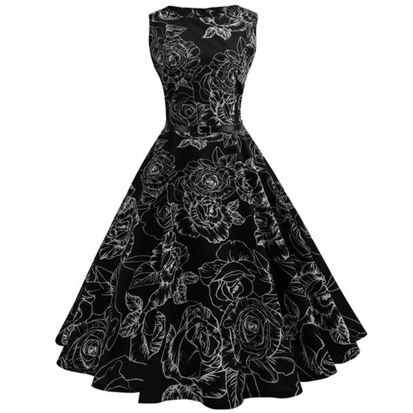 Vintage Waisted Sleeveless Belt Rose Print Dress | Gthic.com
