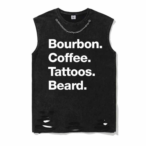 Vintage Washed Bourbon Coffee Tattoos Beard Short Sleeve T-shirt Vest | Gthic.com