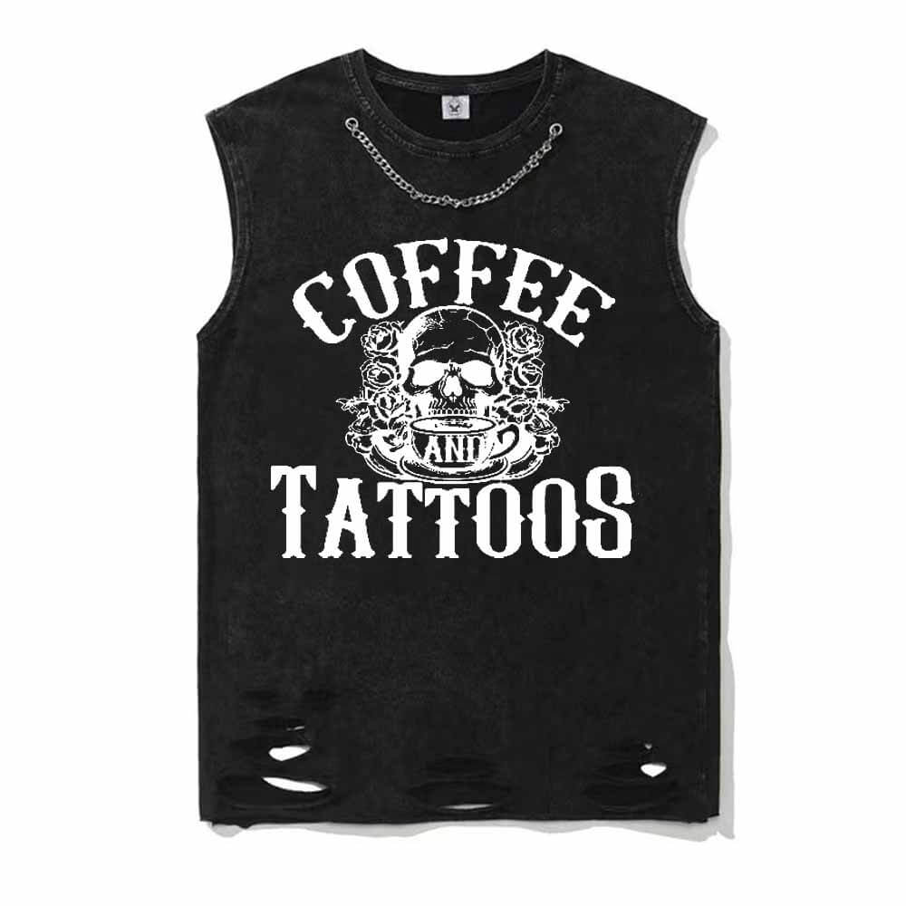 Vintage Washed Coffee And Tattoos Short Sleeve T-shirt Vest | Gthic.com