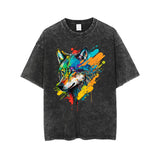 Vintage Washed Colorful Wolf Head Print T-shirt | Gthic.com