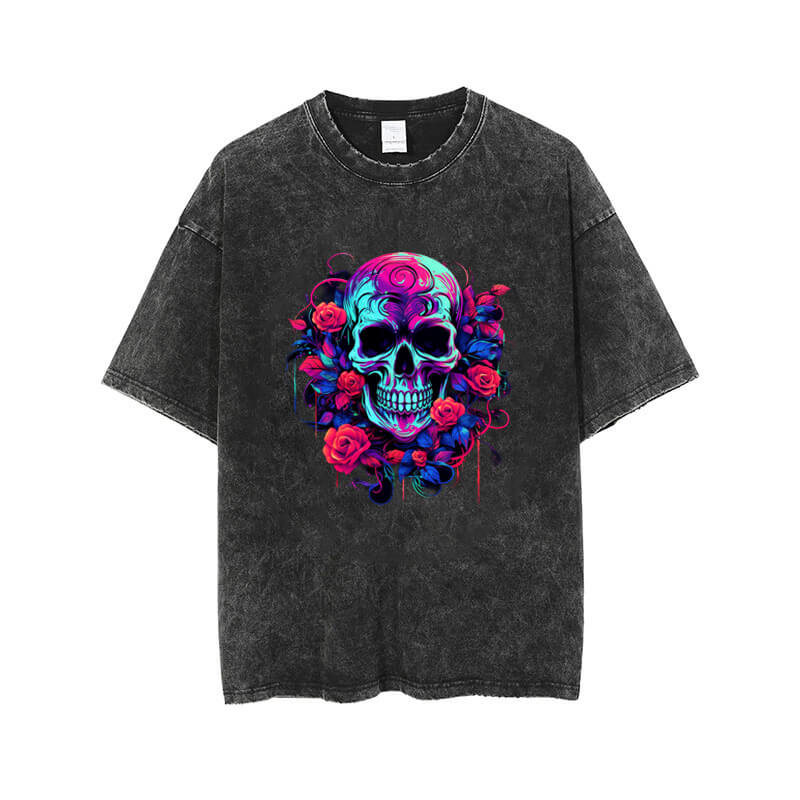 Vintage Washed Flower Skull Print T-shirt | Gthic.com