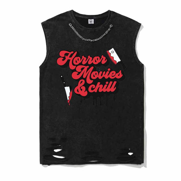 Vintage Washed Horror Movies And Chill Short Sleeve T-shirt Vest | Gthic.com