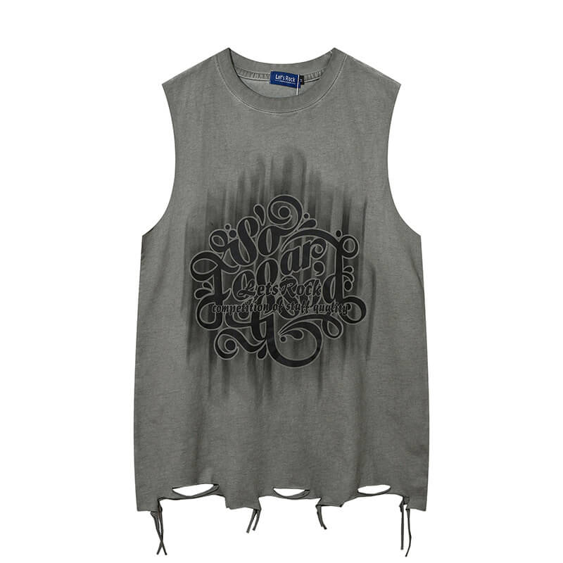 Vintage Washed Lets Rock Sleeveless Printed T-shirt | Gthic.com