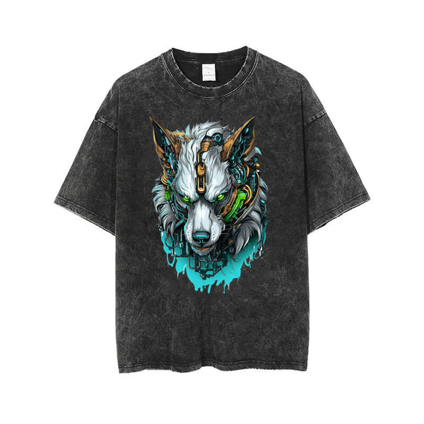 Vintage Washed Mechwarrior Wolf Print T-shirt | Gthic.com