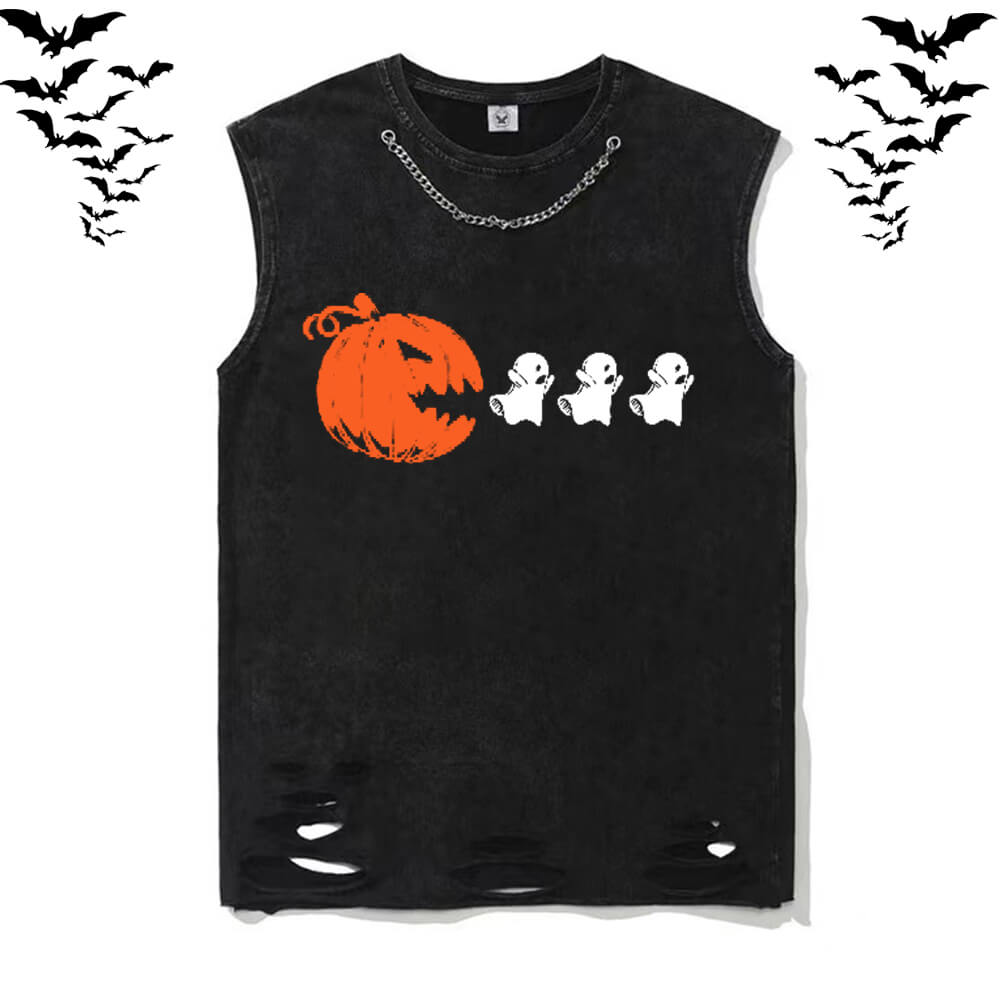 Vintage Washed Pumpkin Eat Ghosts T-shirt Vest Top | Gthic.com