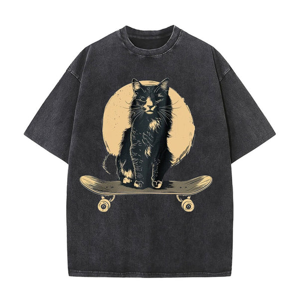 Vintage Washed Skateboard Cat T-shirt | Gthic.com