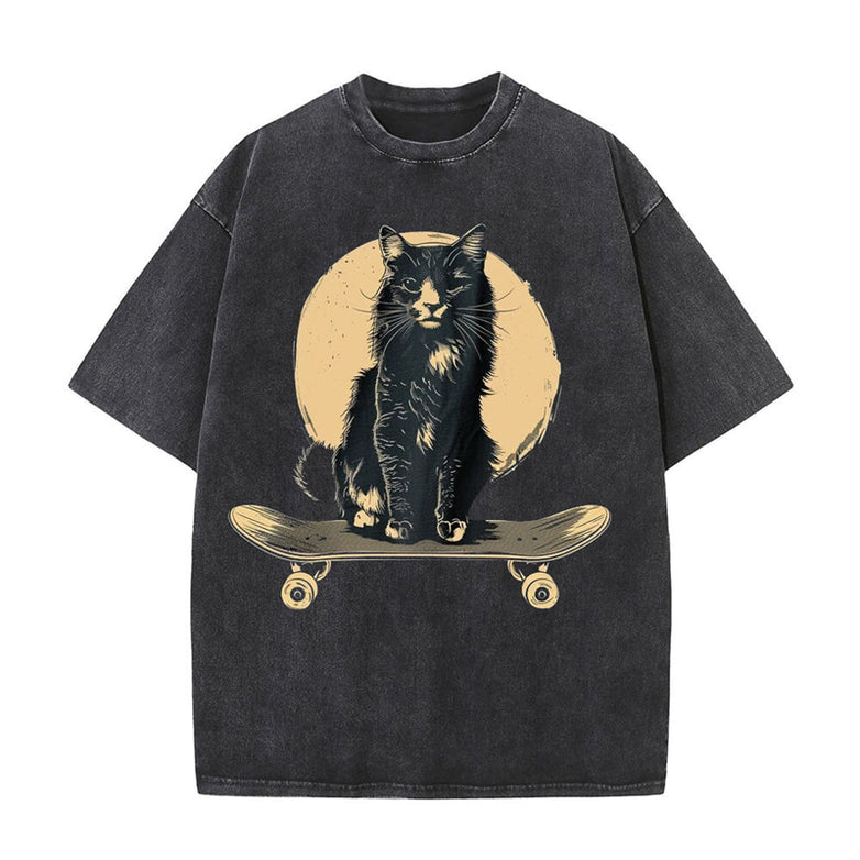 Vintage Washed Skateboard Cat T-shirt | Gthic.com
