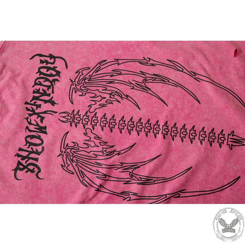 Vintage Washed Skeleton Wings Print Ripped T-shirt