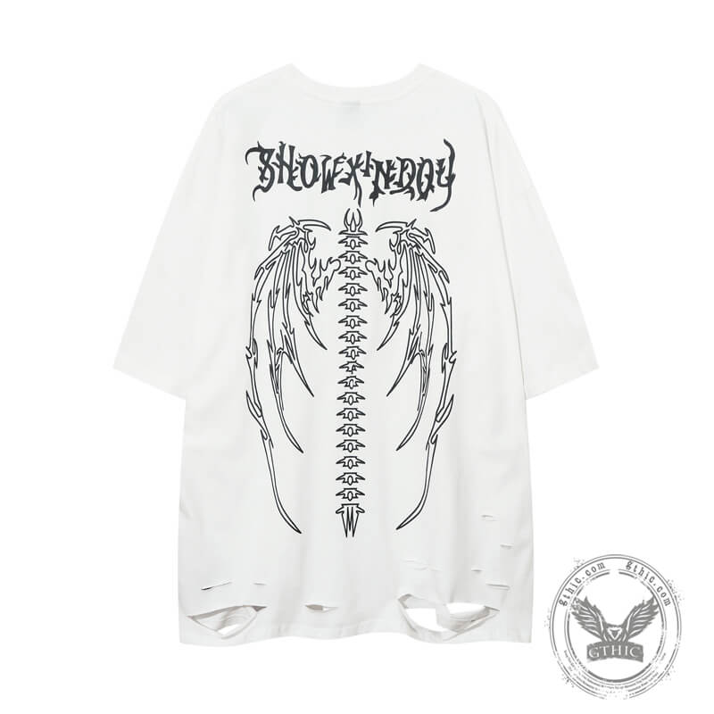Vintage Washed Skeleton Wings Print Ripped T-shirt | Gthic.com
