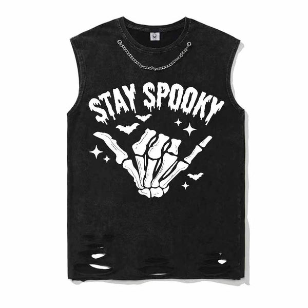 Vintage Washed Stay Spooky Skull Hand Short Sleeve T-shirt Vest | Gthic.com