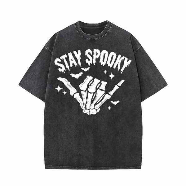 Vintage Washed Stay Spooky Skull Hand Short Sleeve T-shirt Vest | Gthic.com