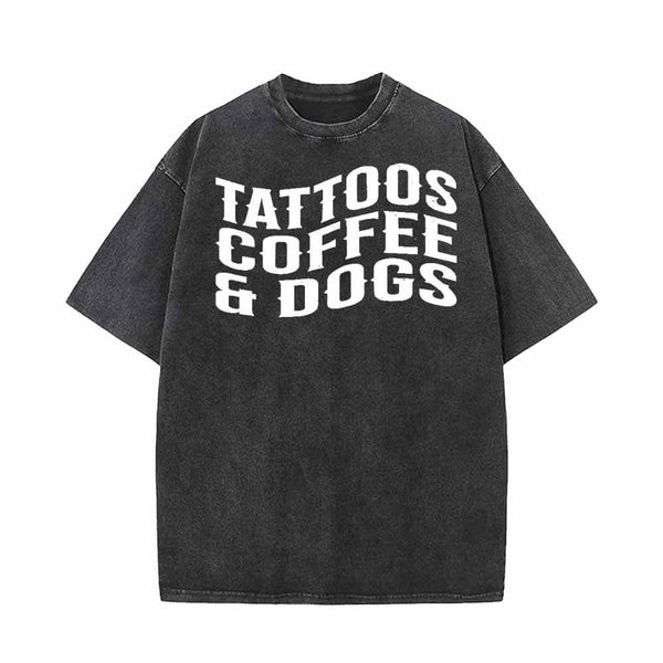 Vintage Washed Tattoos Coffee And Dogs Short Sleeve T-shirt Vest | Gthic.com
