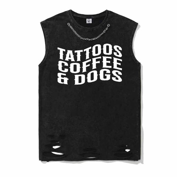 Vintage Washed Tattoos Coffee And Dogs Short Sleeve T-shirt Vest | Gthic.com