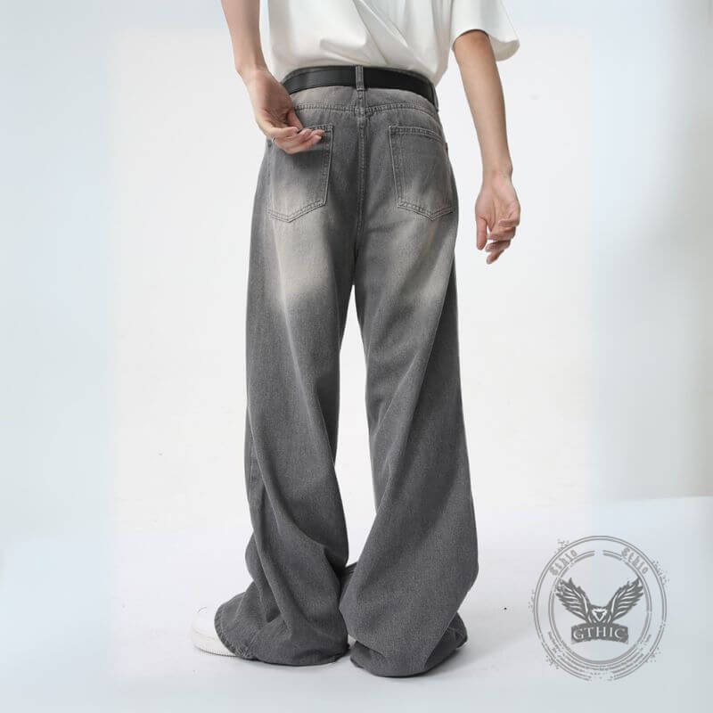 Vintage Washed Texture Ripped Wide-Leg Loose Jeans | Gthic.com