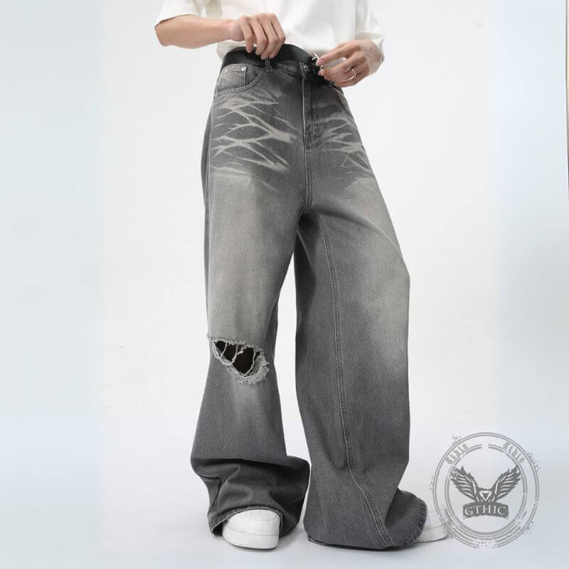 Vintage Washed Texture Ripped Wide-Leg Loose Jeans | Gthic.com