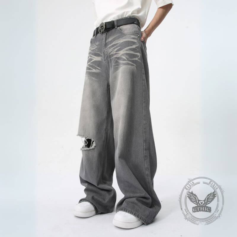 Vintage Washed Texture Ripped Wide-Leg Loose Jeans | Gthic.com