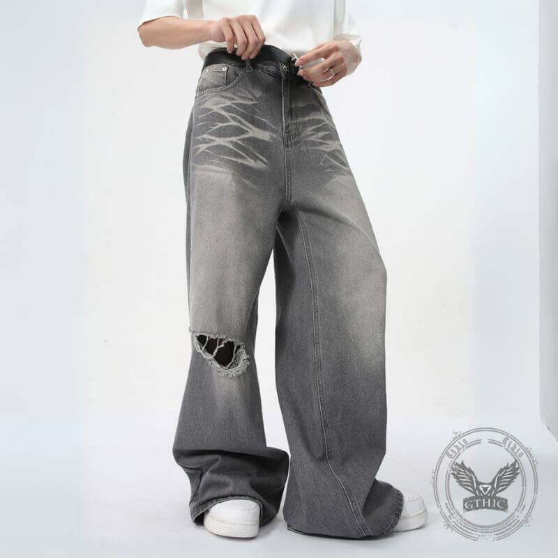 Vintage Washed Texture Ripped Wide-Leg Loose Jeans | Gthic.com