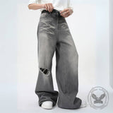 Vintage Washed Texture Ripped Wide-Leg Loose Jeans | Gthic.com