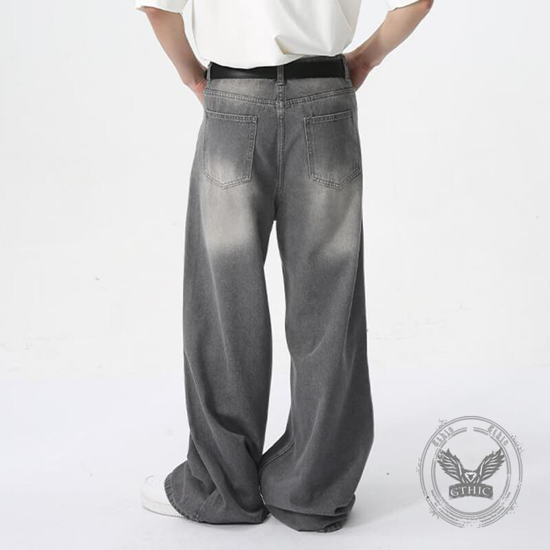 Vintage Washed Texture Ripped Wide-Leg Loose Jeans | Gthic.com