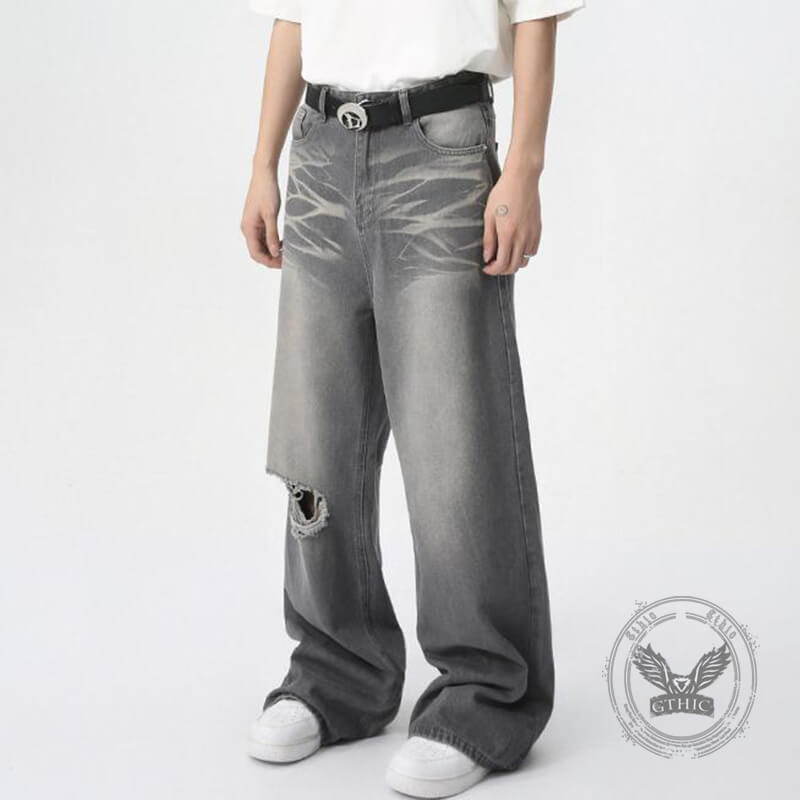 Vintage Washed Texture Ripped Wide-Leg Loose Jeans | Gthic.com