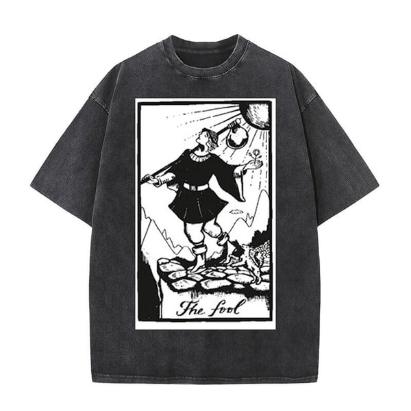 Vintage Washed The Fool Tarot Card Print T-shirt | Gthic.com