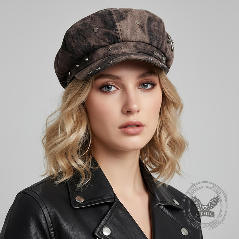 Vintage Washed Tie-Dye Rivet Design Y2K Beret | Gthic.com