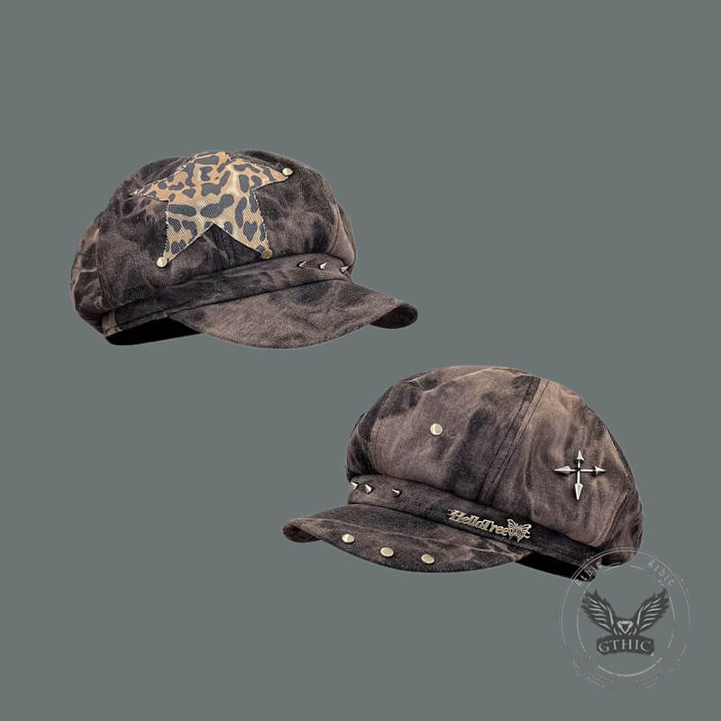 Vintage Washed Tie-Dye Rivet Design Y2K Beret