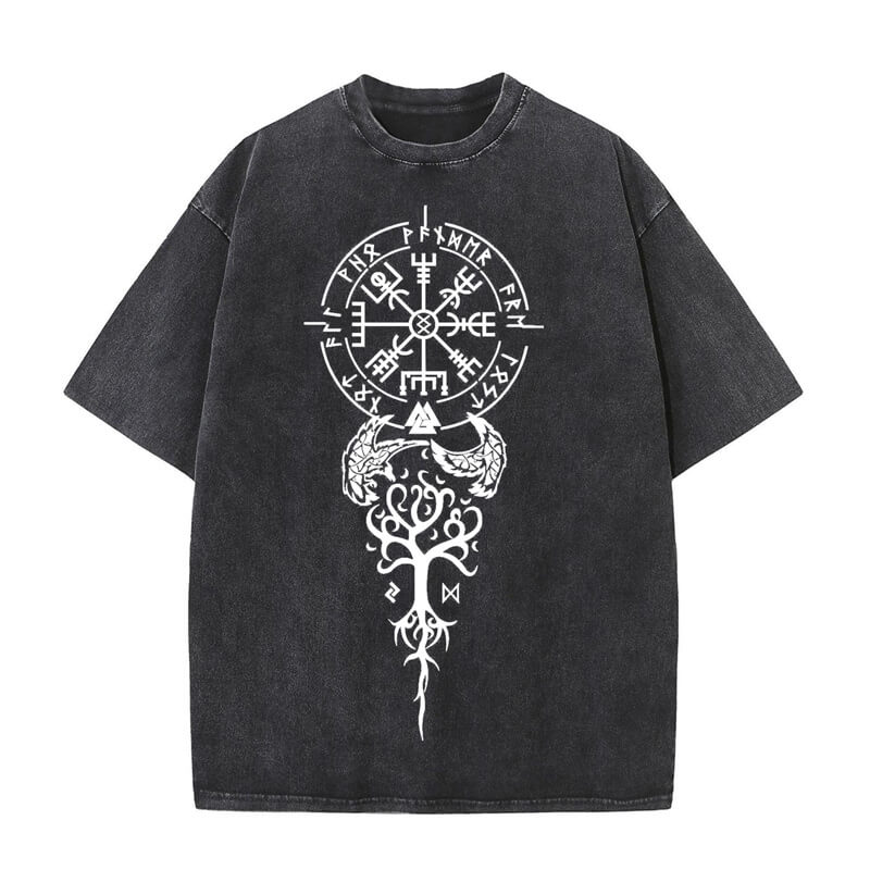Vintage Washed Viking Symbols Print T-shirt | Gthic.com