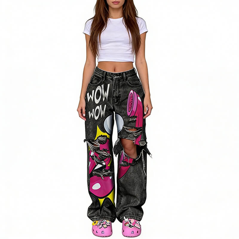 Vintage Washed Y2K Lips Phone Print Ripped Jeans | Gthic.com