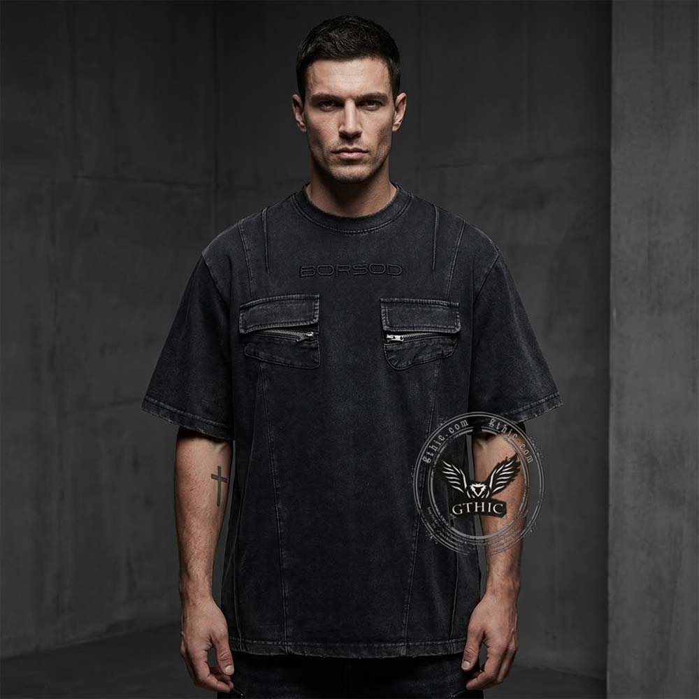 Vintage Washed Zipper Pocket Distressed T-shirt | Gthic.com