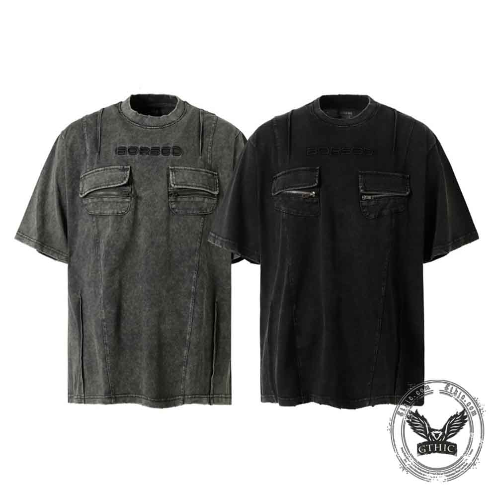 Vintage Washed Zipper Pocket Distressed T-shirt | Gthic.com