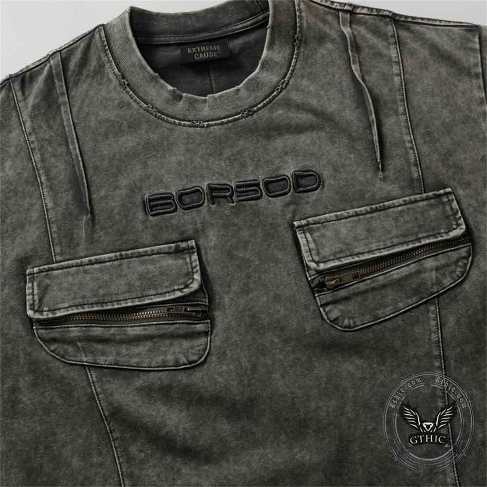 Vintage Washed Zipper Pocket Distressed T-shirt