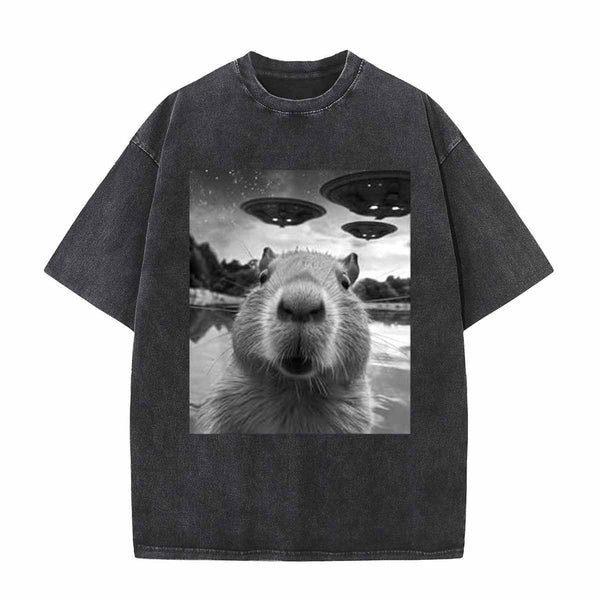 Vintage Weird Capybara Selfie UFO print T-Shirt | Gthic.com