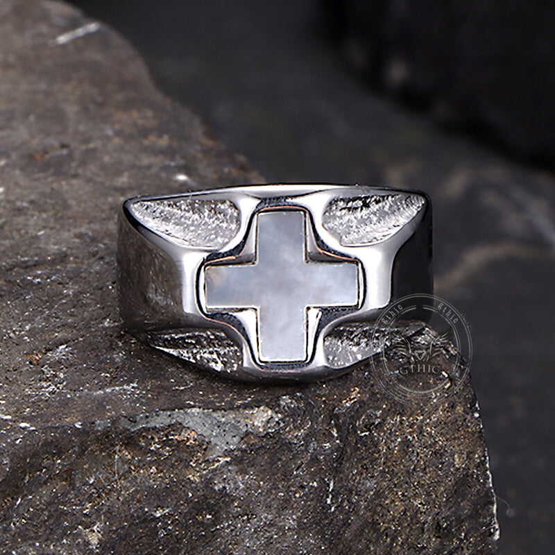 Vintage White Shell Cross Stainless Steel Ring