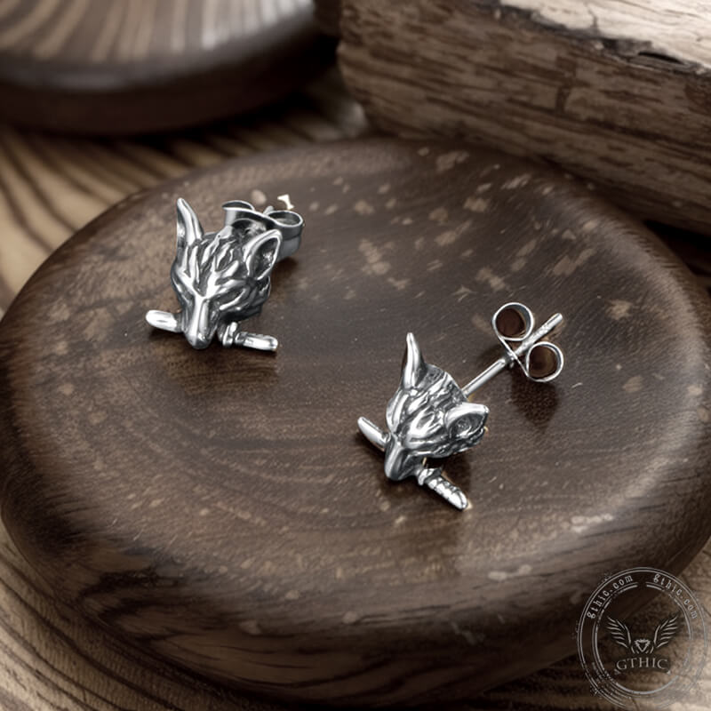 Vintage Wolf Head Stainless Steel Earrings | Gthic.com