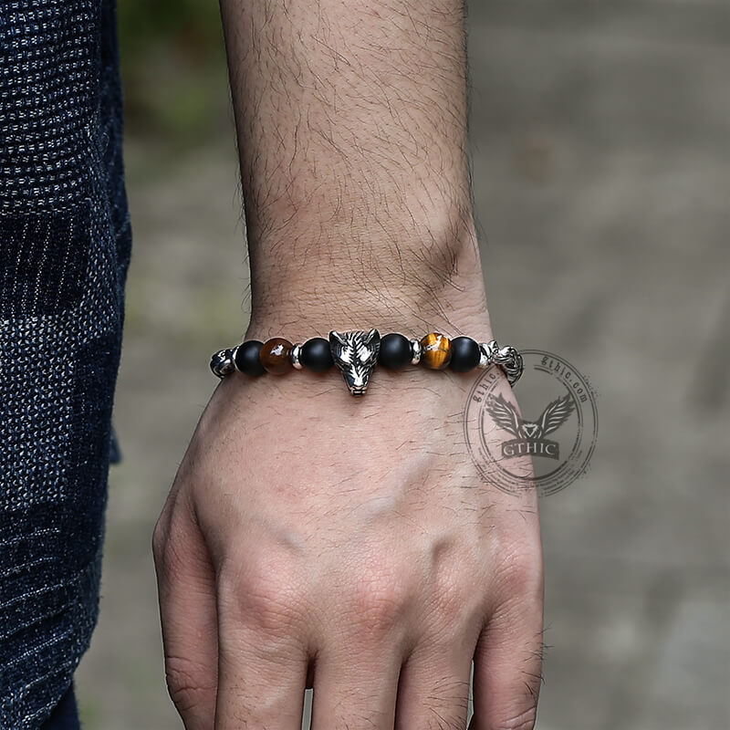 Vintage Wolf Head Tiger’s Eye Stainless Steel Bracelet