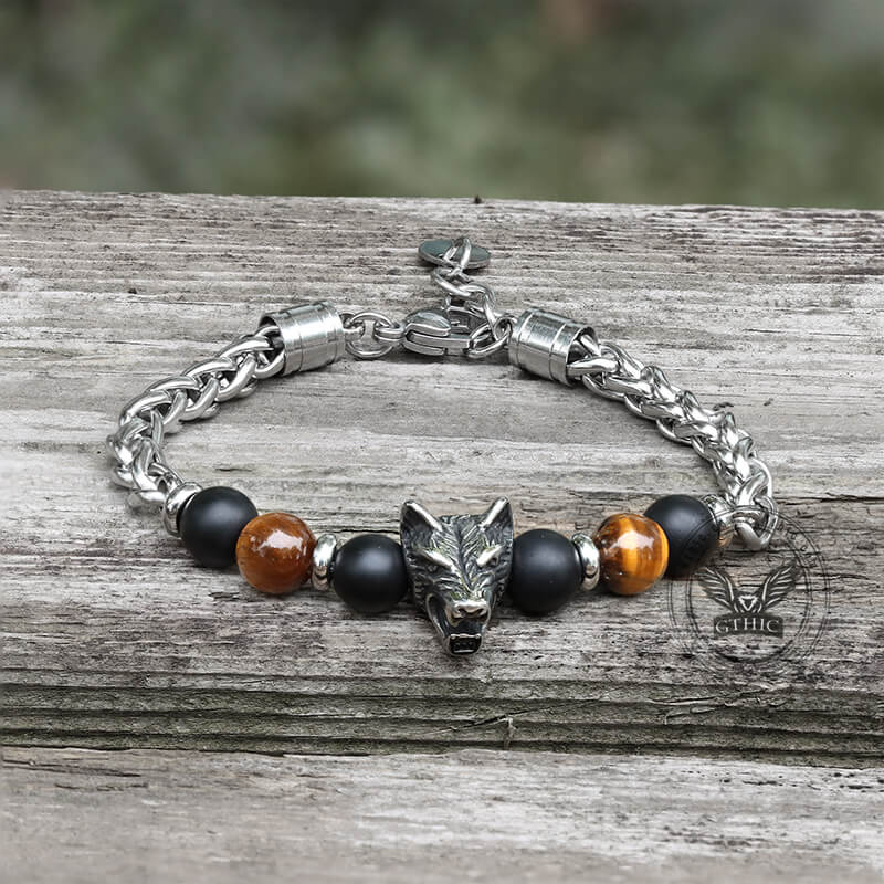 Vintage Wolf Head Tiger’s Eye Stainless Steel Bracelet | Gthic.com