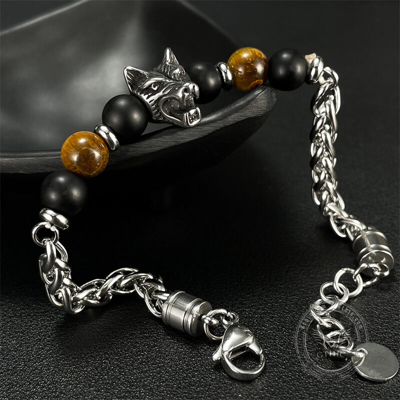 Vintage Wolf Head Tiger’s Eye Stainless Steel Bracelet | Gthic.com